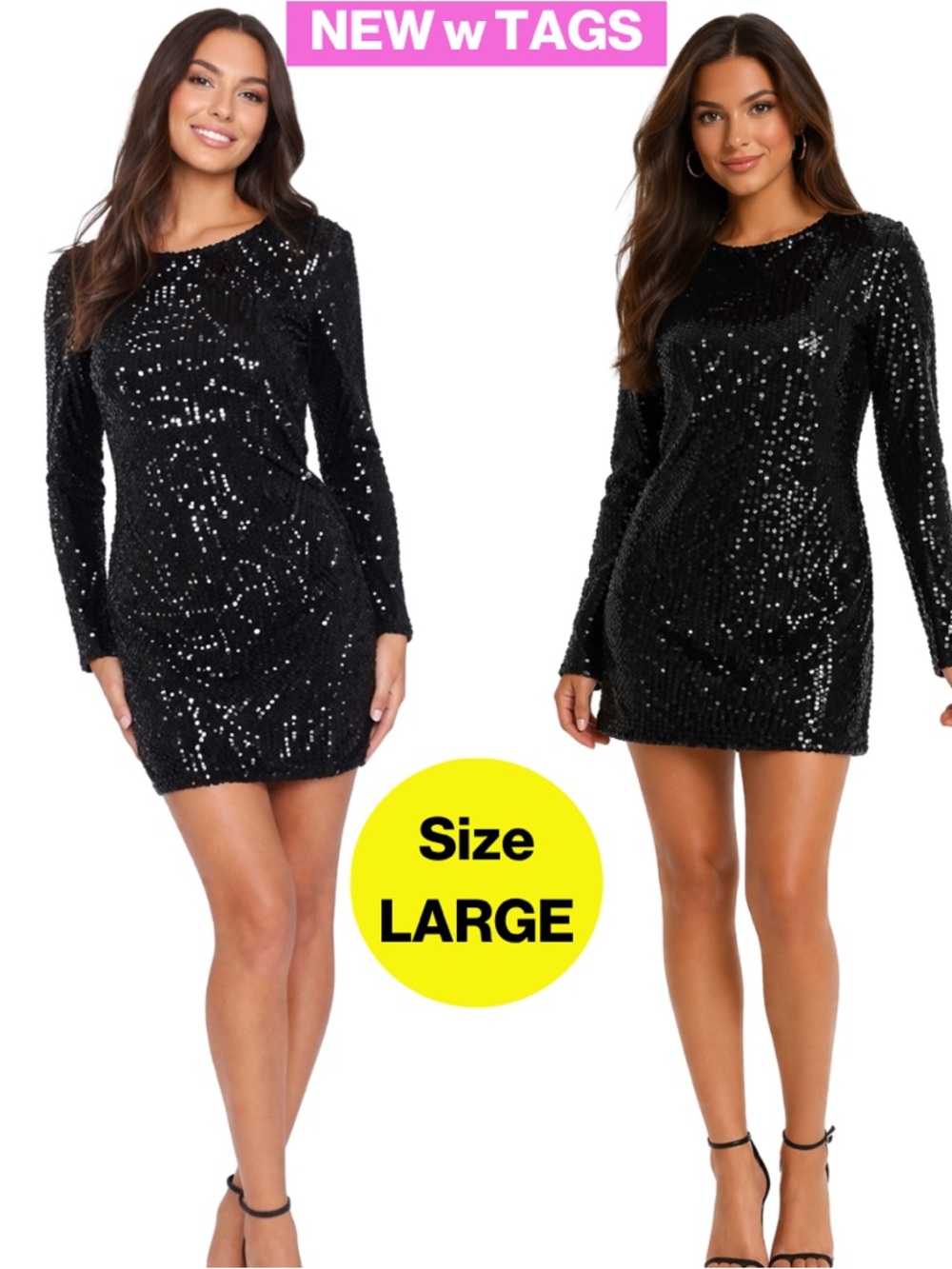 NEW w TAGS 🏷️ 2/for $20 Black Sequins Long-Sleeve Mini Dress (Women’s Large)